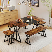 Costway - 5-Piece Dining Room Set Industrial Rectangular Kitchen Table with 2 Benches and 2 Stools-Rustic Brown