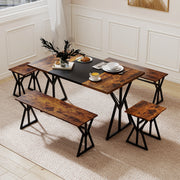 Costway - 5-Piece Dining Room Set Industrial Rectangular Kitchen Table with 2 Benches and 2 Stools-Rustic Brown