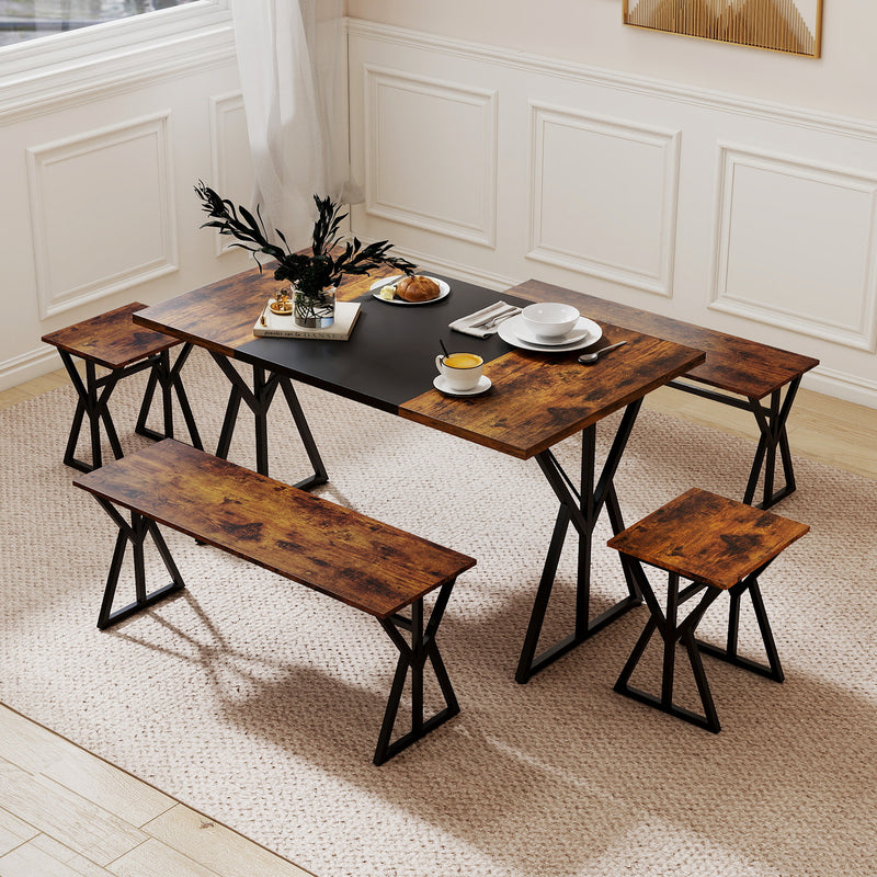 Costway - 5-Piece Dining Room Set Industrial Rectangular Kitchen Table with 2 Benches and 2 Stools-Rustic Brown