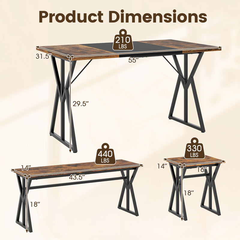 Costway - 5-Piece Dining Room Set Industrial Rectangular Kitchen Table with 2 Benches and 2 Stools-Rustic Brown