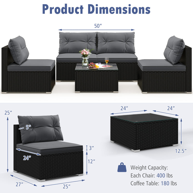 Costway - 5-Piece Outdoor Patio Furniture Set with Cushions and Coffee Table-Gray