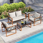 Costway - 5 Pieces PE Wicker Patio Furniture Set with Acacia Wood Frame