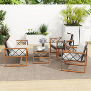 Costway - 5 Pieces PE Wicker Patio Furniture Set with Acacia Wood Frame