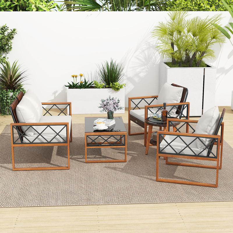 Costway - 5 Pieces PE Wicker Patio Furniture Set with Acacia Wood Frame