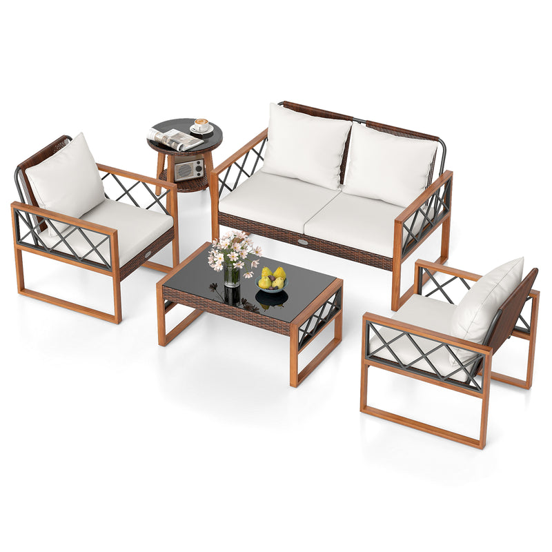 Costway - 5 Pieces PE Wicker Patio Furniture Set with Acacia Wood Frame