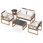 Costway - 5 Pieces PE Wicker Patio Furniture Set with Acacia Wood Frame