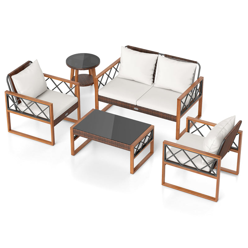 Costway - 5 Pieces PE Wicker Patio Furniture Set with Acacia Wood Frame