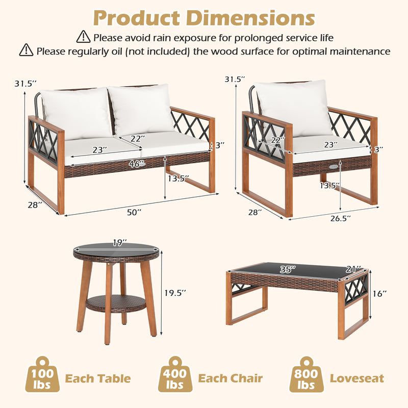Costway - 5 Pieces PE Wicker Patio Furniture Set with Acacia Wood Frame