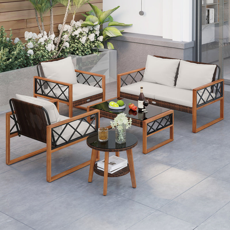 Costway - 5 Pieces PE Wicker Patio Furniture Set with Acacia Wood Frame