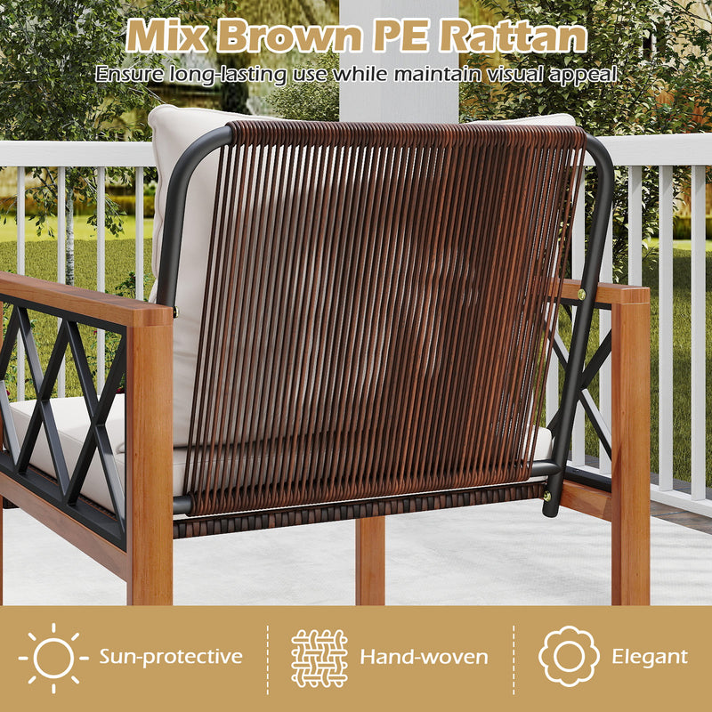 Costway - 5 Pieces PE Wicker Patio Furniture Set with Acacia Wood Frame