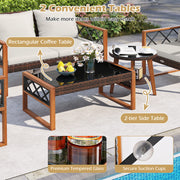 Costway - 5 Pieces PE Wicker Patio Furniture Set with Acacia Wood Frame