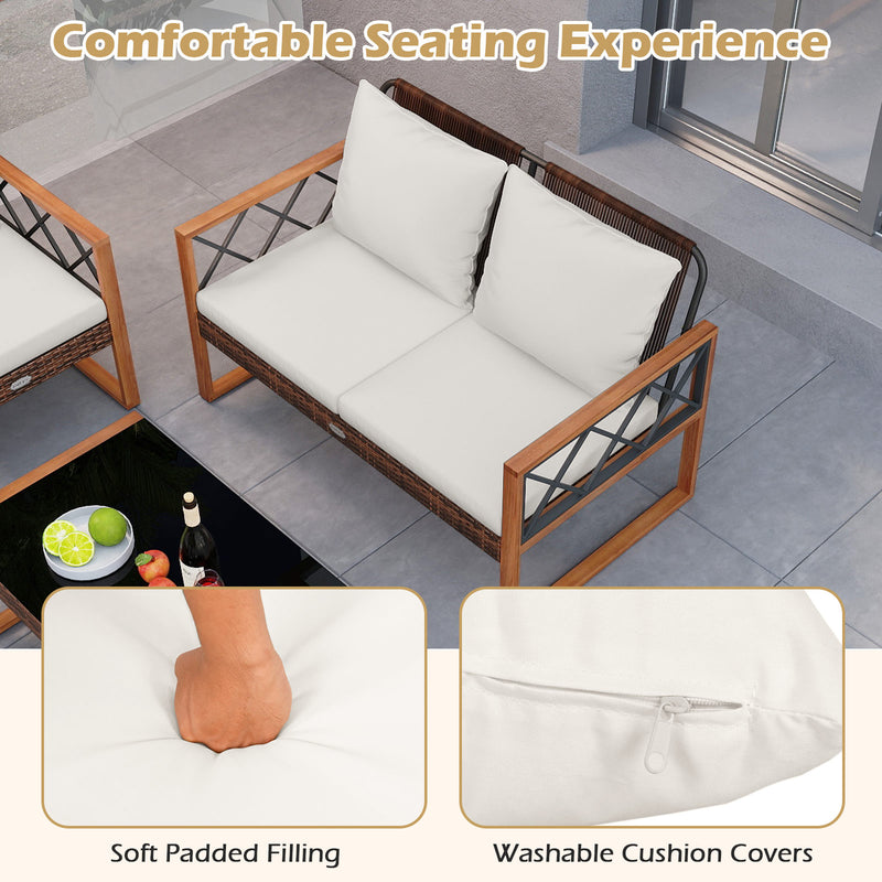 Costway - 5 Pieces PE Wicker Patio Furniture Set with Acacia Wood Frame