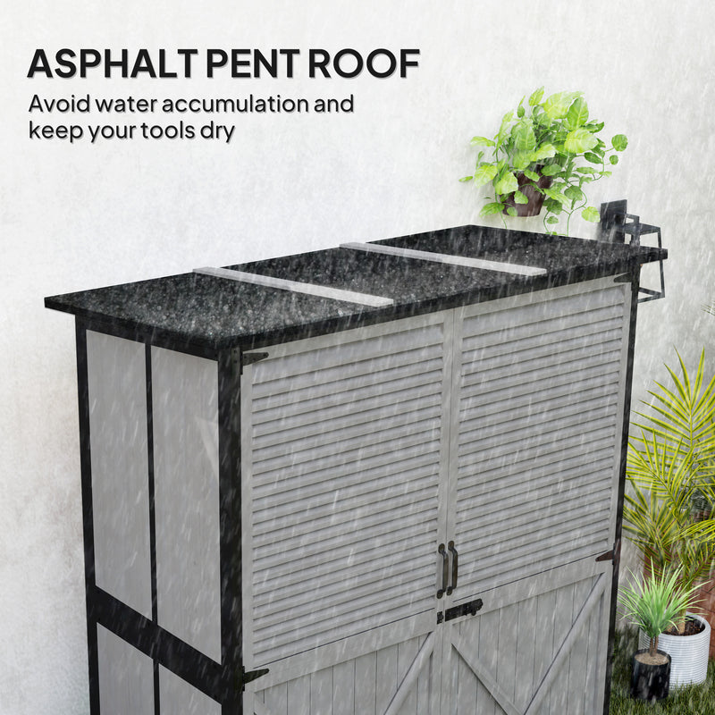 Outdoor Storage Cabinet, Wood Garden Shed with Steel Frame, Asphalt Roof, 2 Shelves and Lockable Doors, Grey