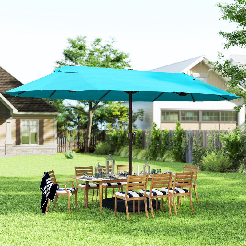 Outsunny - 15' Outdoor Patio Umbrella with Twin Canopy Sunshade Steel Table Umbrella w/ Lift Crank, Cross Base, Sandbag, Light Blue — 84D-031V03LB