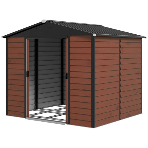 8' x 7' Outdoor Storage Shed, Galvanized Steel Metal Garden Shed with Lockable Doors, Floor Frame, Vents, Lock and Gloves for Backyard, Lawn, Patio, Teak
