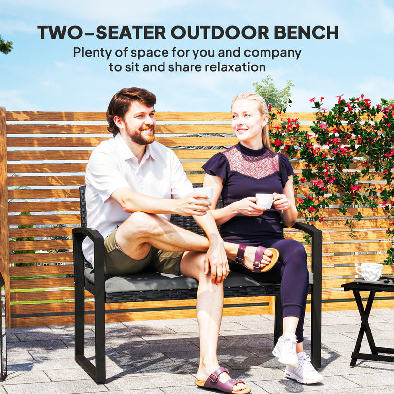Outsunny - 2 Seater Outdoor Bench, Rattan Garden Bench Loveseat with Cushion, Armrests, Steel Frame for Patio, Porch, Light Grey
