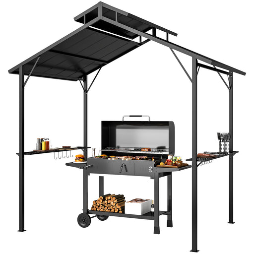 Outsunny - 8 x 5ft Hardtop Grill Gazebo with Double Metal Roof, 2 Side Shelves and 10 Hooks for Patio Backyard Lawn Deck