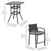Outsunny - 3 Pieces Patio Bar Set Wicker Garden Bistro Set Outdoor Furniture PE Rattan Table and Stools with Seat Cushion, Grey