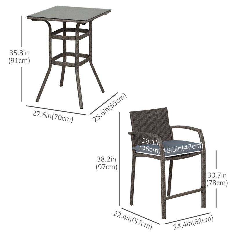 Outsunny - 3 Pieces Patio Bar Set Wicker Garden Bistro Set Outdoor Furniture PE Rattan Table and Stools with Seat Cushion, Grey