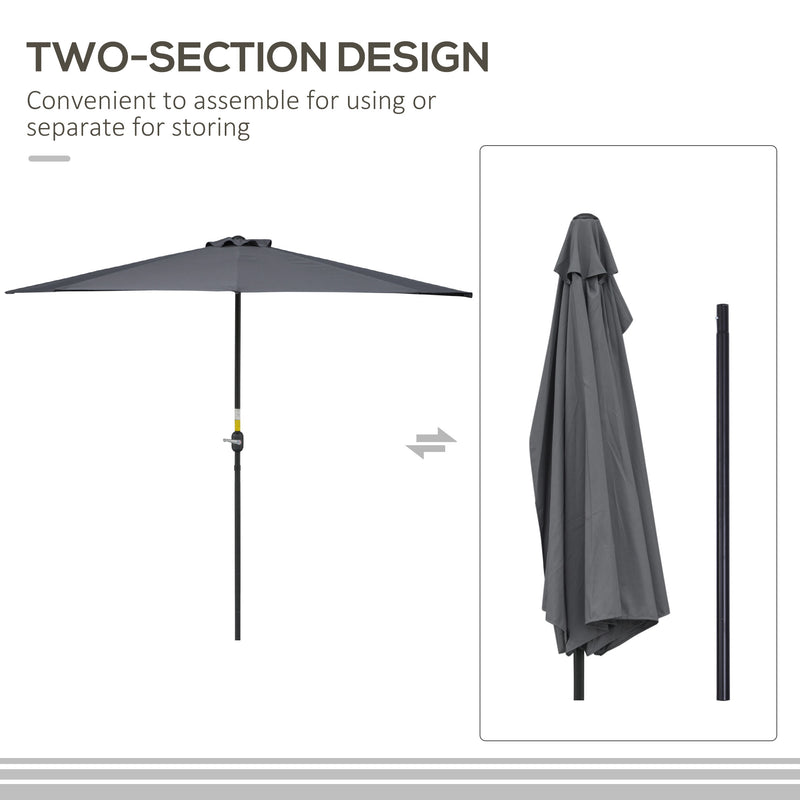 Outsunny - 9.8ft Half Umbrella Semi Round Patio Parasol with Crank Handle, Top Vent for Garden, Balcony - NO BASE INCLUDED, Grey — 84D-008GY