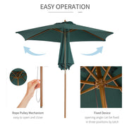 8FT Wood Market Umbrella Patio Umbrella Round Garden Parasol Canopy with Bamboo Ribs and Top Vent, Dark Green