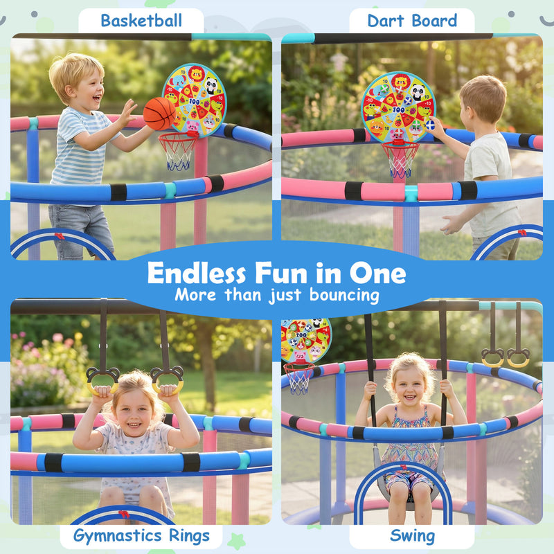Costway - 60 inch 6-in-1 Kids Toddler Trampoline with Gymnastics Bar-Navy