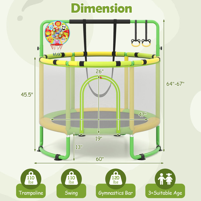 Costway - 60 inch 6-in-1 Kids Toddler Trampoline with Gymnastics Bar-Green