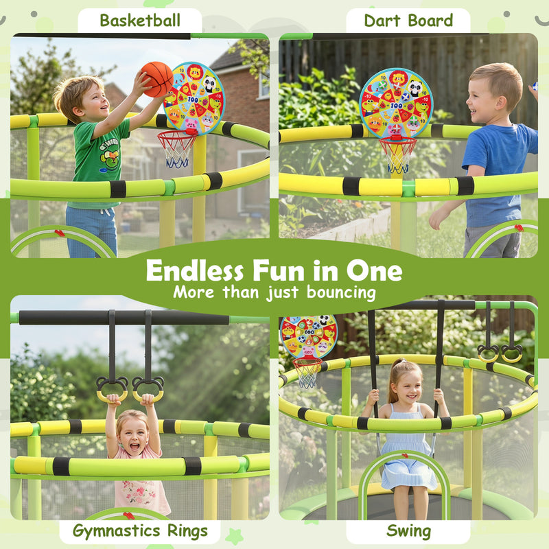 Costway - 60 inch 6-in-1 Kids Toddler Trampoline with Gymnastics Bar-Green