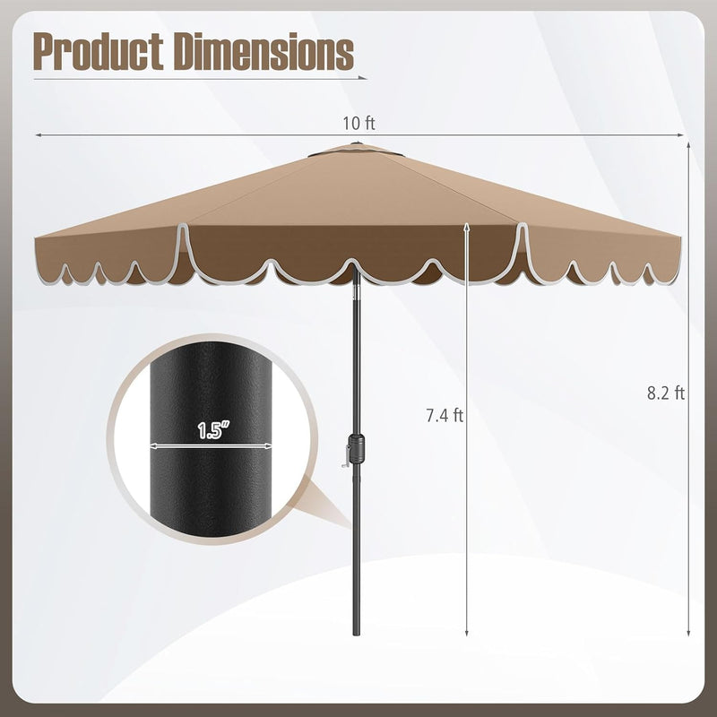 10 FT Patio Umbrella – 2-Tier Scalloped Outdoor Market Umbrella with Tilt & Crank (Coffee)