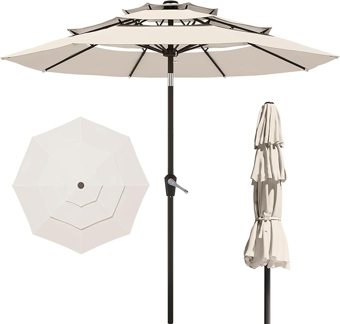 9FT 3-Tier Patio Umbrella – Outdoor Market Umbrella with 8 Fiberglass Ribs for Patio, Pool, Deck & Backyard