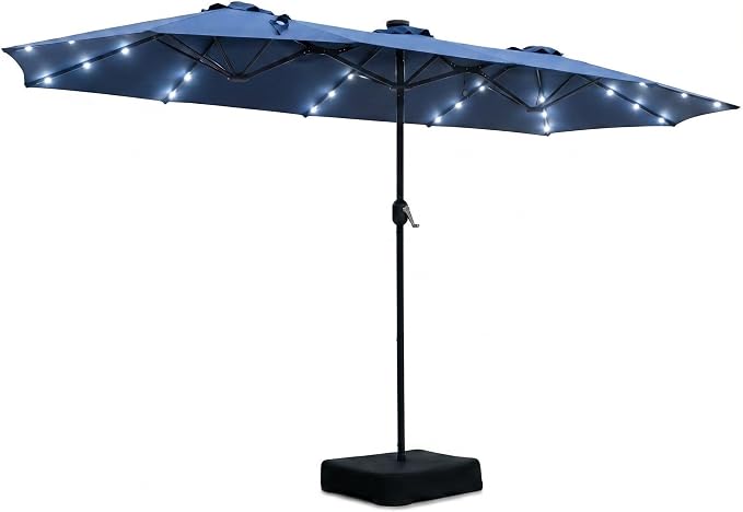 Solar LED Double-Sided Patio Umbrella with Base – Extra Large Outdoor Twin Umbrella with 36 Solar LED Lights, Crank System & Weighted Base