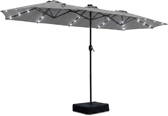Solar LED Double-Sided Patio Umbrella with Base – Extra Large Outdoor Twin Umbrella with 36 Solar LED Lights, Crank System & Weighted Base