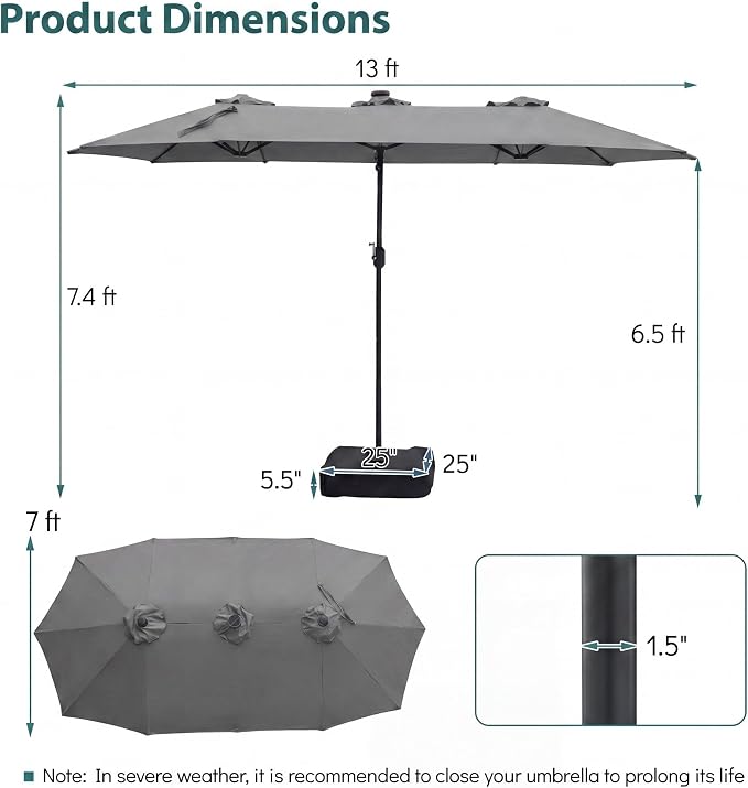 Solar LED Double-Sided Patio Umbrella with Base – Extra Large Outdoor Twin Umbrella with 36 Solar LED Lights, Crank System & Weighted Base
