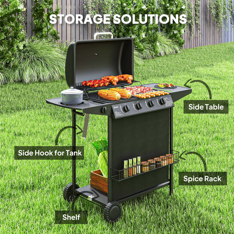 Outsunny - 4+1 Burner Propane Gas BBQ Grill, Portable Gas Barbecue Grill with Side Burner, Thermometer, Lid, Side Table, Shelf, Spice Rack, Wheels, Grease Cup for Garden, Black