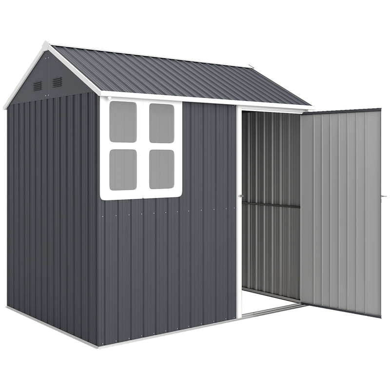 7' x 5.5' Metal Garden Storage Shed, Outdoor Tool Storage House with Lockable Door, Vents, Sloped Roof, Dark Grey