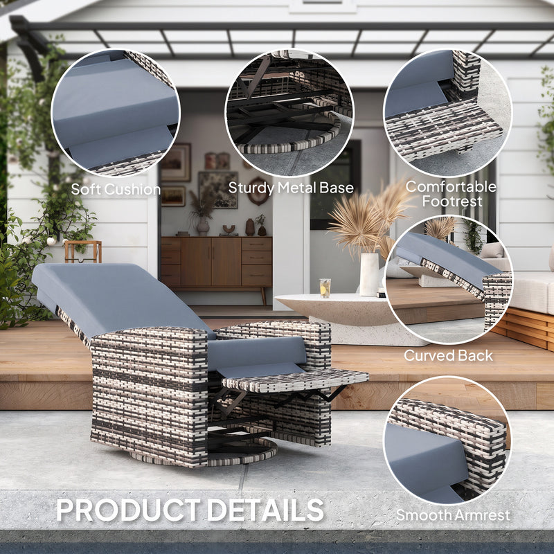 Outsunny - Outdoor Rattan Wicker Lounge Chair with Footrest & Soft Cushion for Patio, Garden, Backyard, Grey