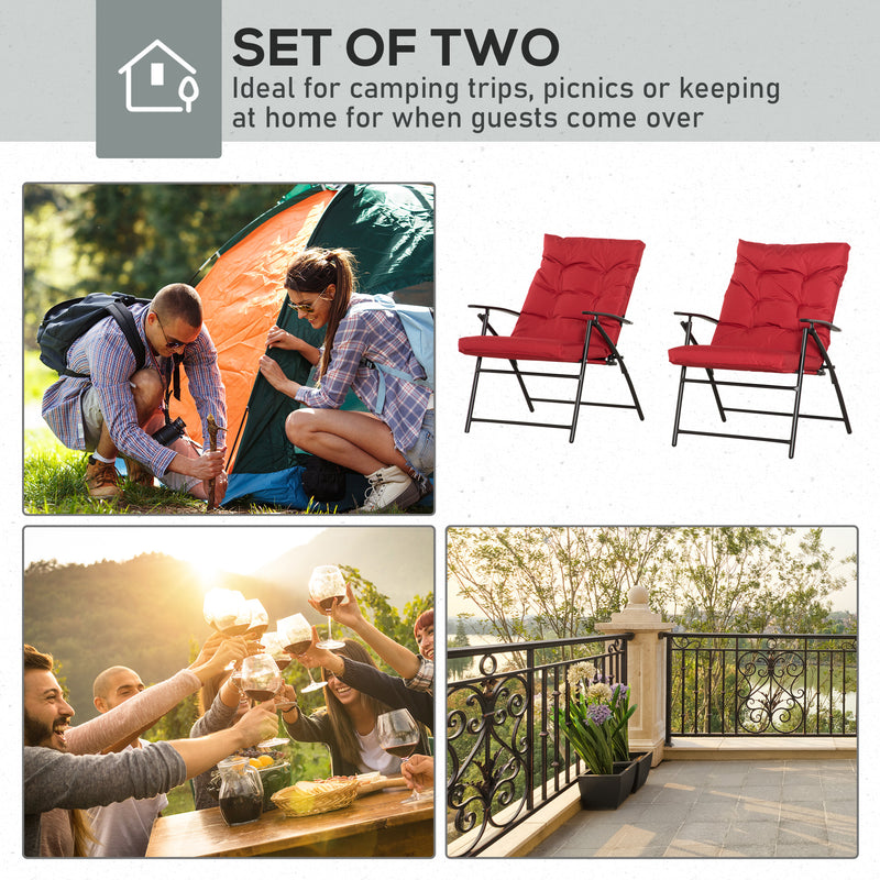 Outsunny - Set of 2 Outdoor Folding Chairs with Adjustable Backrest, Padded Camping Chairs for Outdoor Events, Red
