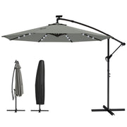 Outsunny - 9.7 ft Cantilever Patio Umbrella with Solar Light, Garden Hanging Parasol with Cover, Tilt, Crank, Grey