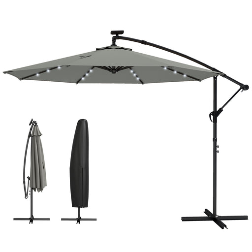 Outsunny - 9.7 ft Cantilever Patio Umbrella with Solar Light, Garden Hanging Parasol with Cover, Tilt, Crank, Grey