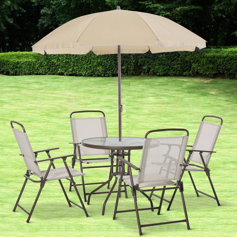Outsunny - 6 Pieces Outdoor Dining Set for 4 with Umbrella Patio Outdoor Furniture Set with Round Table 4 Folding Chairs Cream