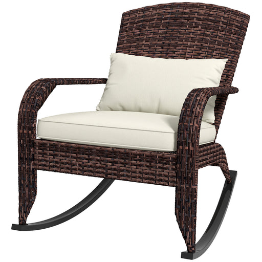 Outsunny - Adirondack Chair, Outdoor Wicker Rocking Chair with High Back, Seat Cushion and Pillow for Porch, Balcony, Cream/Brown