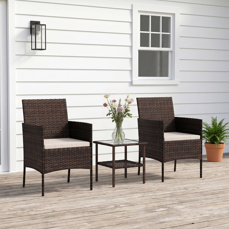 Outsunny - Wicker Bistro Set, 3 Piece Patio Furniture Set with 2-Tier Glass Top Table, Cushions for Balcony, Porch, Beige