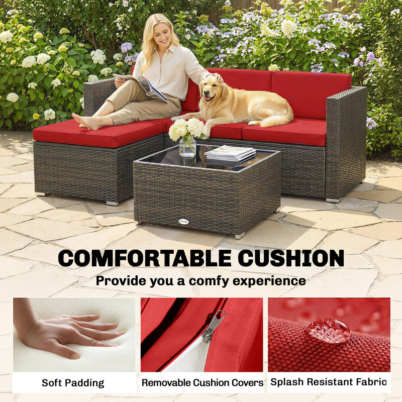 Outsunny - 3 Pieces Patio Furniture Set with Cushions, Outdoor PE Rattan Wicker Conversation Corner Sofa Set with Glass Top Table