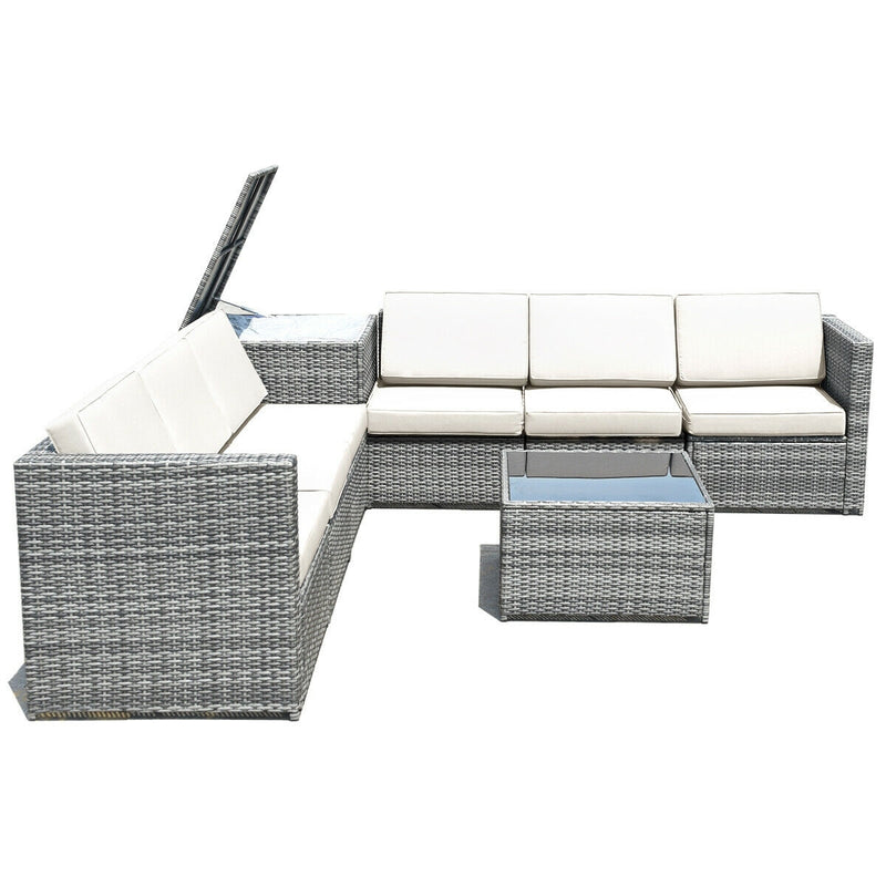 Costway - 8 Piece Wicker Sofa Rattan Dinning Set Patio Furniture with Storage Table-White