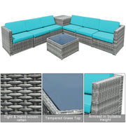 Costway - 8 Piece Wicker Sofa Rattan Dinning Set Patio Furniture with Storage Table-Turquoise