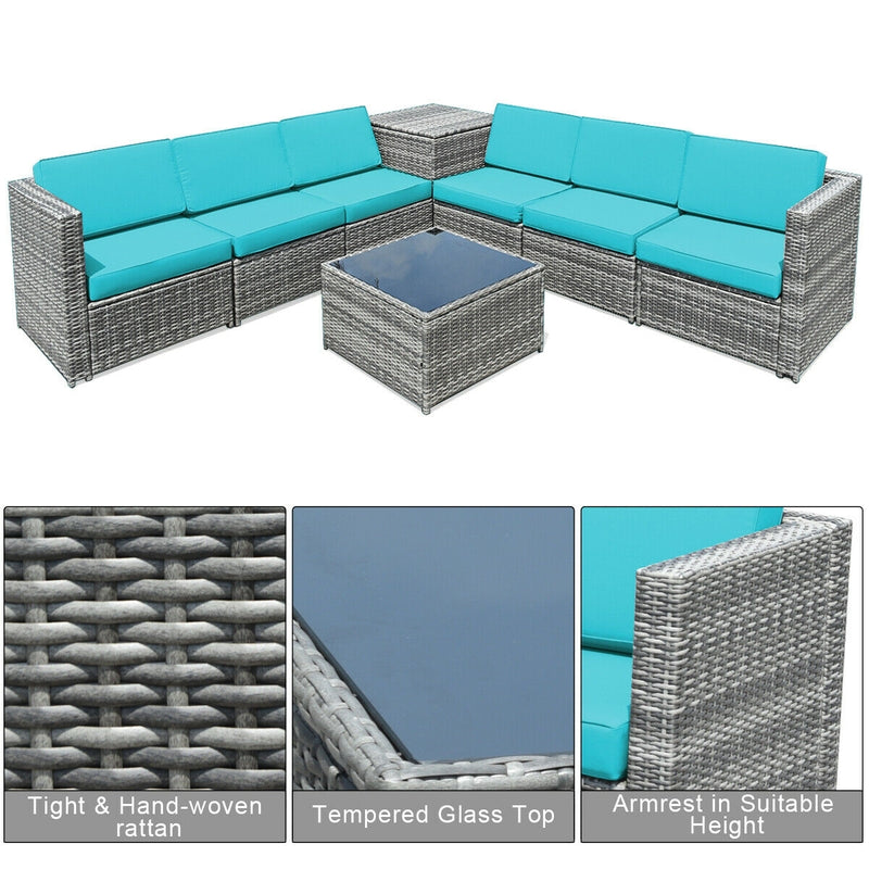 Costway - 8 Piece Wicker Sofa Rattan Dinning Set Patio Furniture with Storage Table-Turquoise