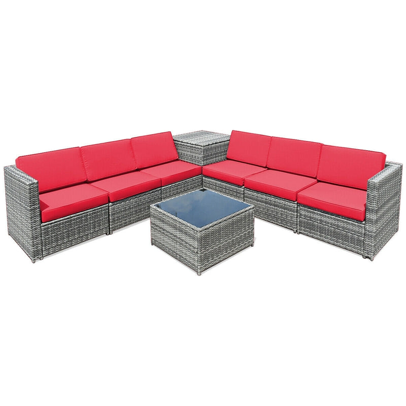 Costway - 8 Piece Wicker Sofa Rattan Dinning Set Patio Furniture with Storage Table-Red