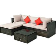 Costway - 5 Pieces Outdoor Patio Rattan Furniture Set Sectional Conversation with Cushions-Beige