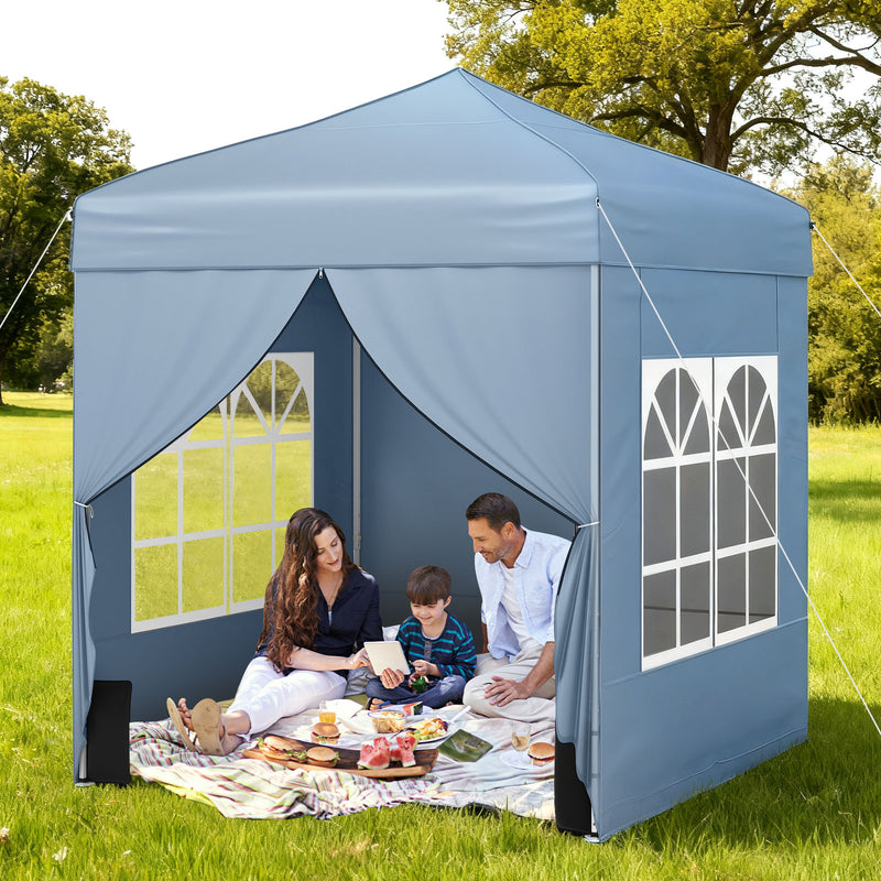 Costway - 6.5 x 6.5 FT Pop up Canopy Tent with 4 Sidewalls and Wheeled Bag-Grey