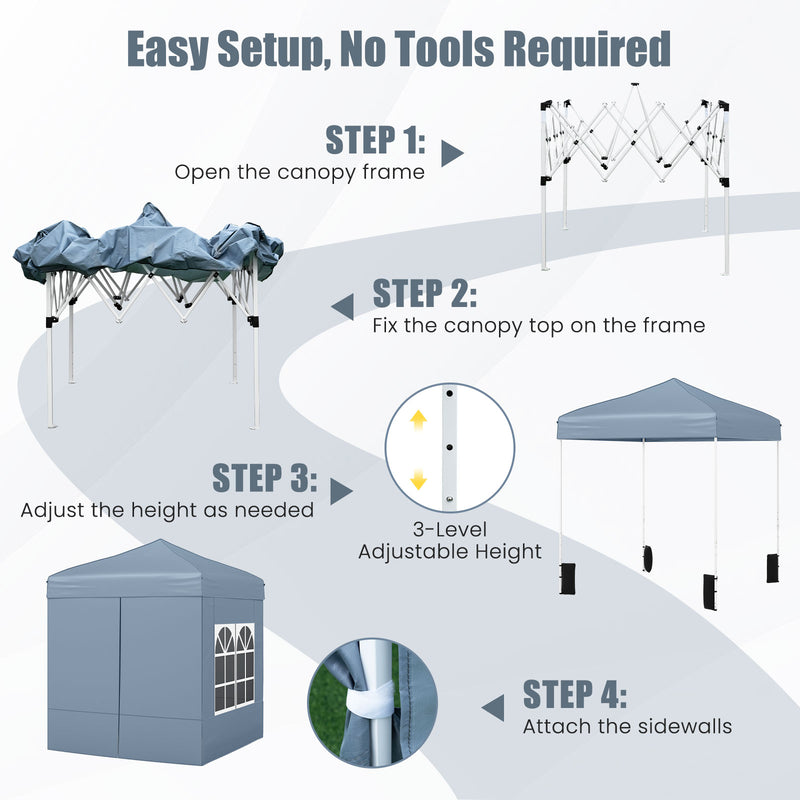 Costway - 6.5 x 6.5 FT Pop up Canopy Tent with 4 Sidewalls and Wheeled Bag-Grey
